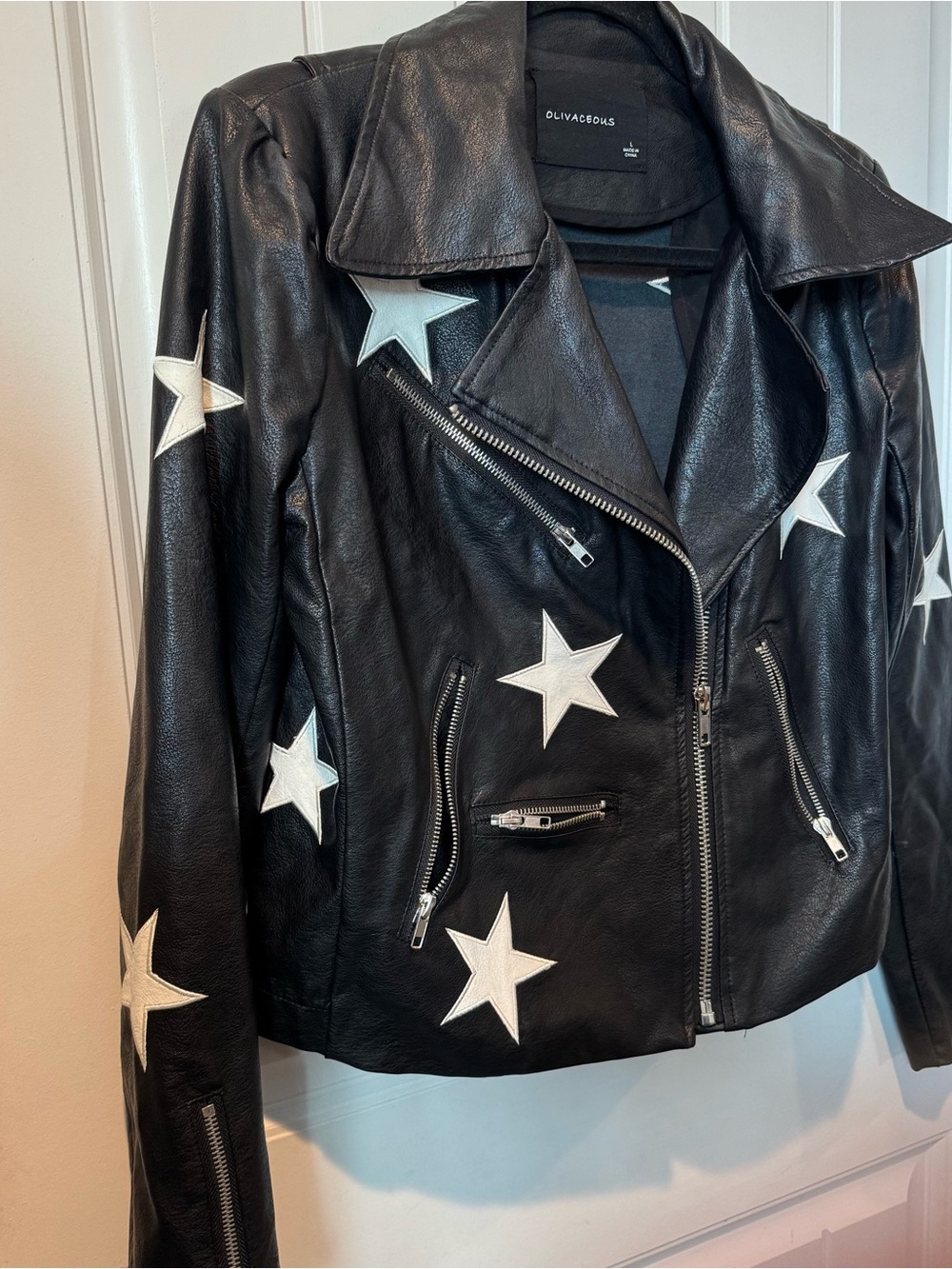 Olivaceous Black Faux Leather Moto Jacket with White Star Appliqués Size Large